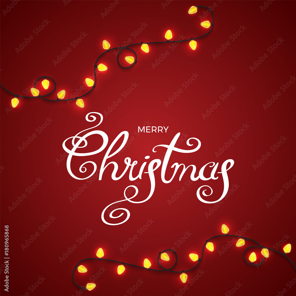 Merry Christmas vector. Light garlands on red background. Christmas lights vector illustration.