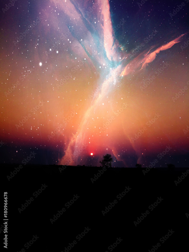 The Sunset and Astrophotography Background With Nebula, Stars. The Galaxy And The Nebula