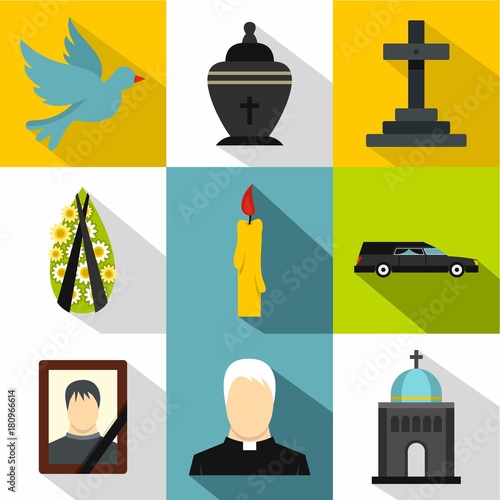 Funeral services icons set, flat style