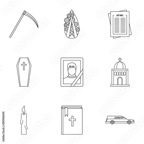 Funeral icons set, outline style