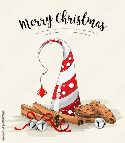 Christmas still-life, brown cookies, abstract christmas tree, cinnamon sticks and jingle bells on white background, illustration