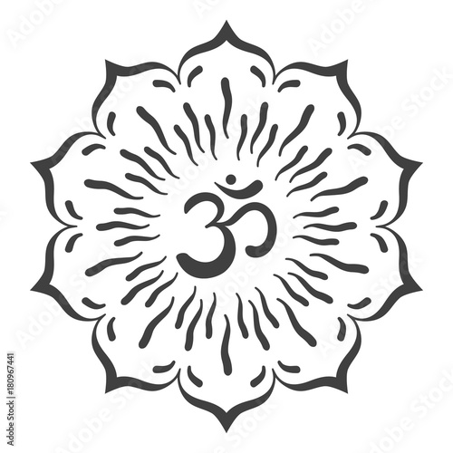 Mandala frame with Om symbol. Hand drawn oriental ornament for greeting card, invitation, coloring book, yoga poster.
