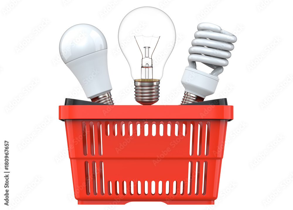 3d rendering of incandescent, fluorescent and LED bulbs, in red plastic  shopping basket, isolated on white background. 3d illustration, concept of  electronics. and lamps store. Stock Illustration | Adobe Stock