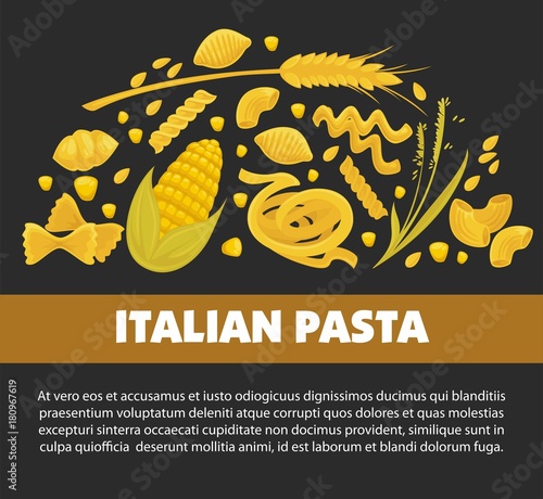 Pasta poster design for Italian food cuisine or macaroni and spaghetti restaurant.