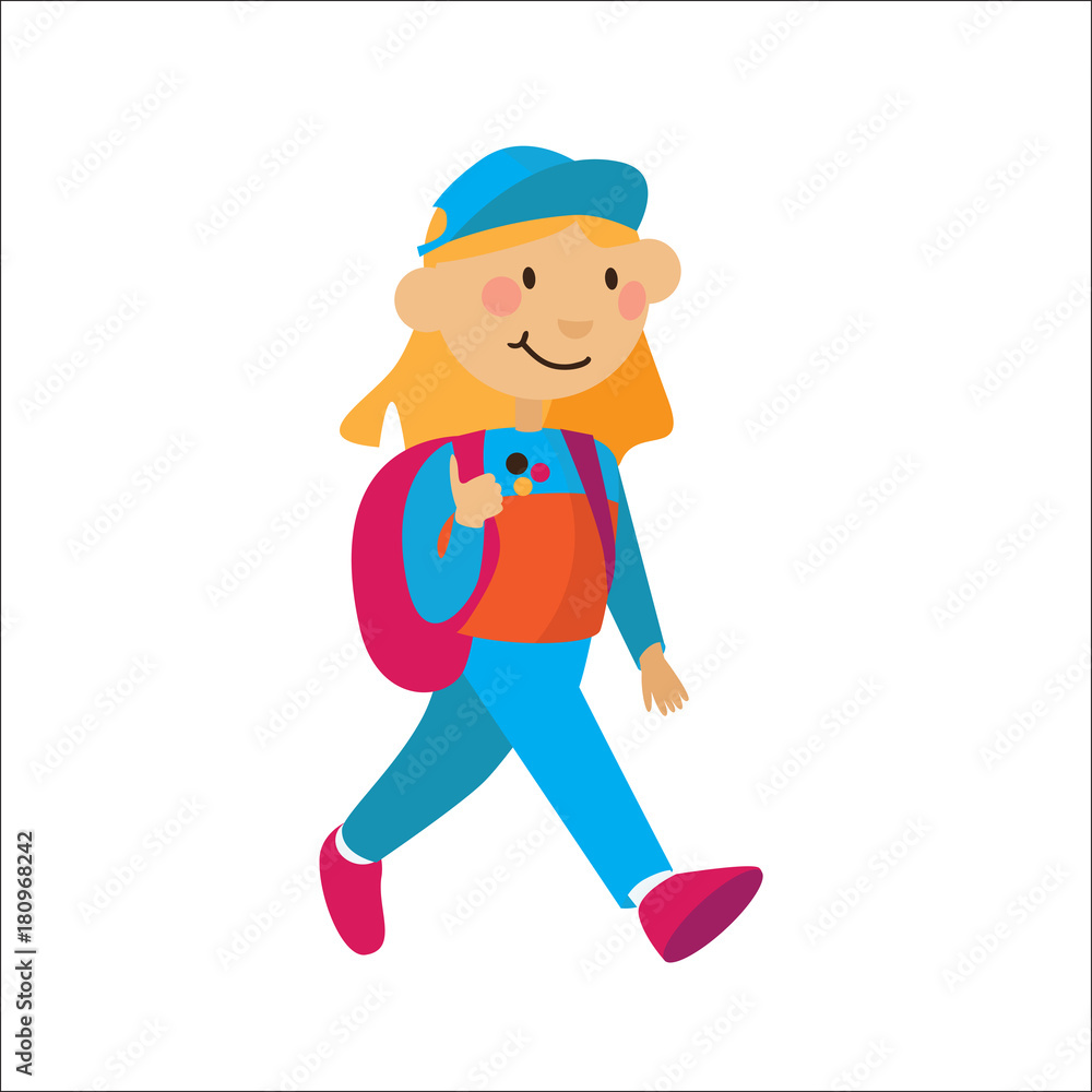 Little flat girl with rucksuck walking isolated on background. Vector character illustration in bright colors. Little flat girl with rucksuck walking isolated on background. Vector character illustration in bright colors.