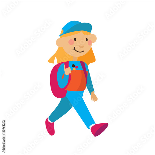 Little flat girl with rucksuck walking isolated on background. Vector character illustration in bright colors.