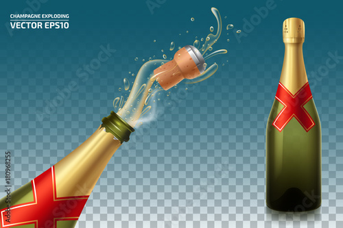 Champagne exploding illustration isolated on transparent background. Cork with splashes flies out of the bottle. Vector champagne bottle without a label mockup. Eps 10.