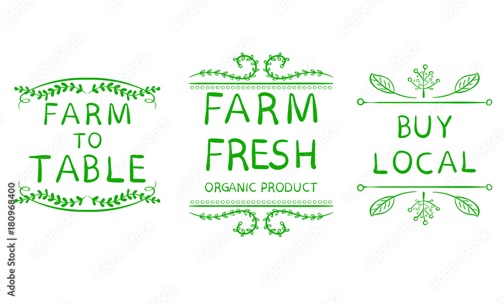 'Farm to table' 'buy local' 'farm fresh'. Typography elements. VECTOR vignettes on white.