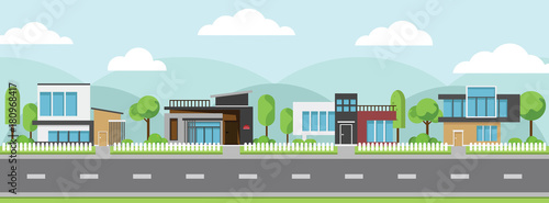 Landscape of modern houses with tree and clouds and along the roads
