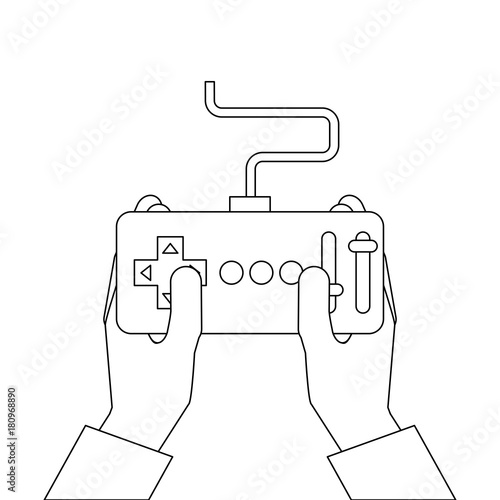 hands holding control remote advance for drones vector illustration