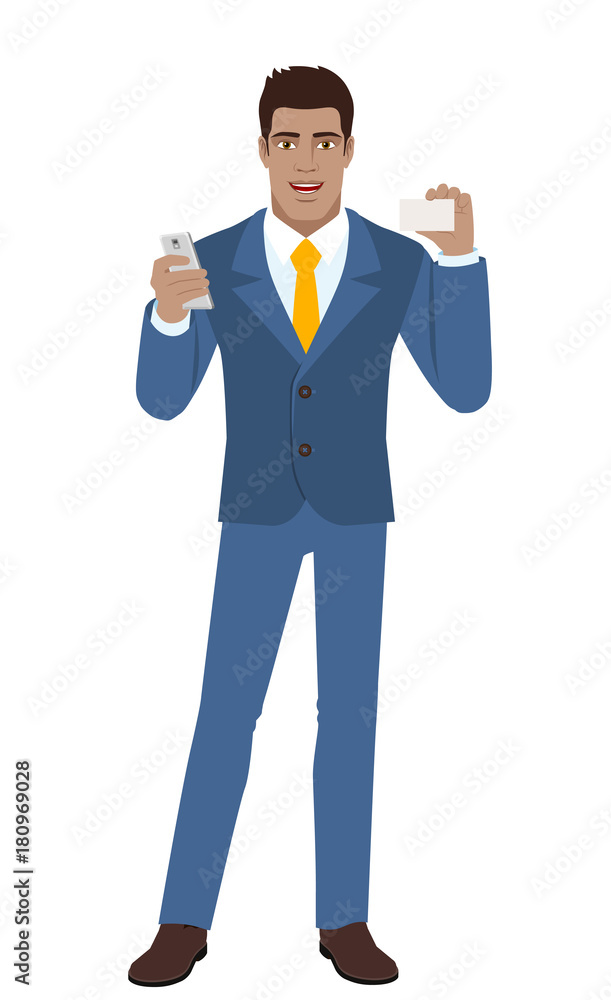 Businessman with mobile phone showing the business card Businessman with mobile phone showing the business card