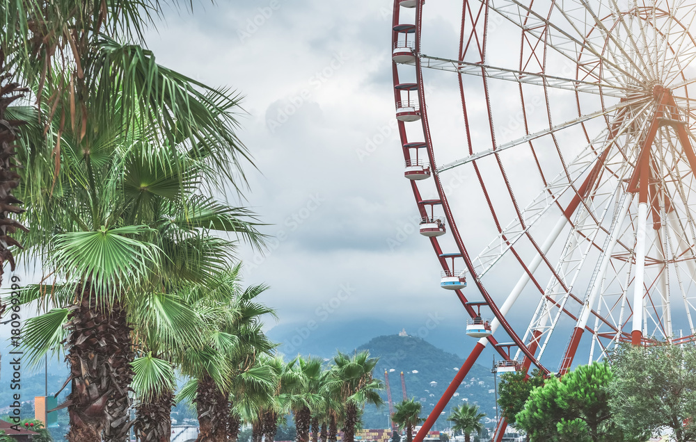 Fototapeta premium The attraction of a Ferris wheel at Batumi Seaside Park on the Black Sea. Adjara, Georgia