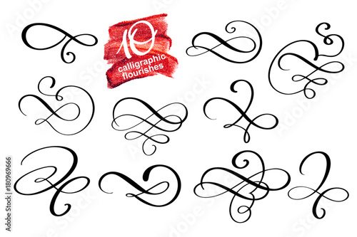 Vector set of calligraphic design flourish elements and page decorations. Elegant collection of hand drawn swirls and curls for your design