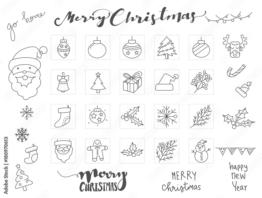Christmas icons set with Hand drawn font and vector winter element vector illustration.