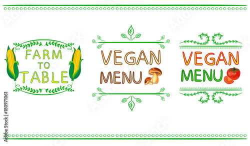 'Farm to table' 'vegan menu' icons with corn, tomato and mushrooms. Drawn letters and vignettes. VECTOR set.