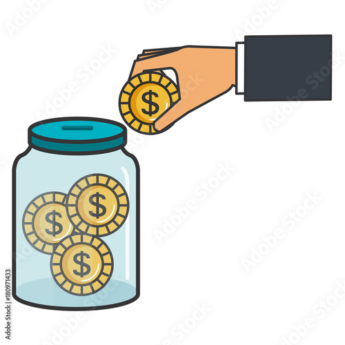 hand saver with glass jar and coins money