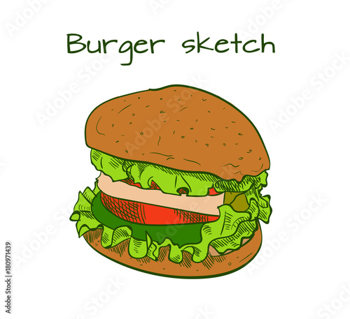Hand drawn burger. VECTOR colored sketch. Fast food products.