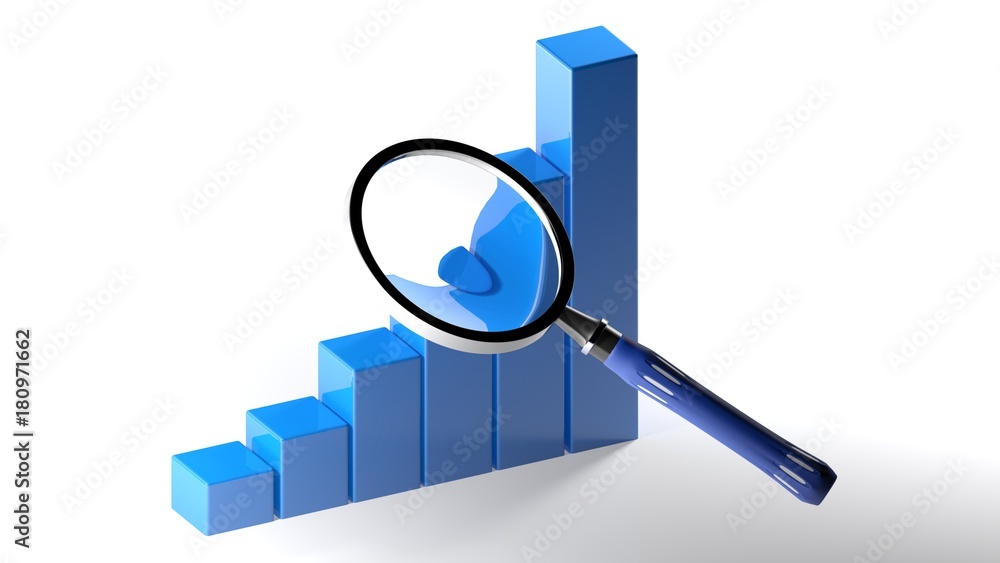 Magnifier on up-trend bar chart - 3D rendering Magnifier on up-trend bar chart - 3D rendering