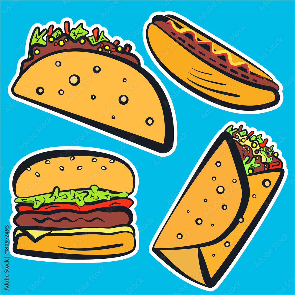 Color fast food with black outline stickers set. Cartoon flat linear fastfood including hamburger, tacos, burrito, hot dog labels for fast food restaurant or cafe menu, advertisement, banners Color fast food with black outline stickers set. Cartoon flat linear fastfood including hamburger, tacos, burrito, hot dog labels for fast food restaurant or cafe menu, advertisement, banners