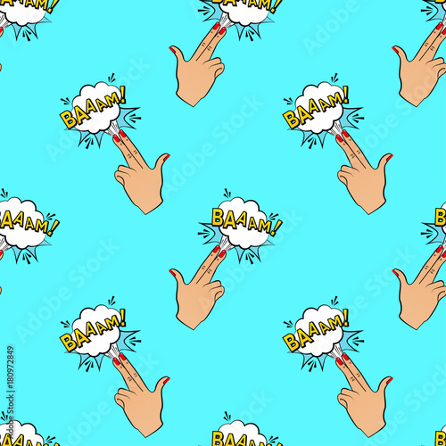 Abstract seamless pin up pattern for girls, boys, clothes. Creative vector pin up background with fingers gun, cloud. Funny pattern wallpaper for textile and fabric. Fashion pop art style.