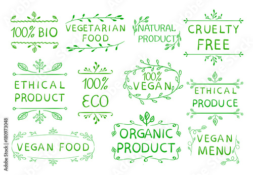 100 vegan ethical product cruetly free. Vintage hand drawn elements. Green lines.