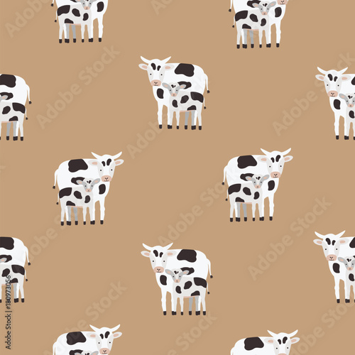 Seamless pattern with cow and calf coated in black and white patches. Backdrop with cute cartoon animals on brown background. Colorful vector illustration for textile print, wallpaper, wrapping paper.