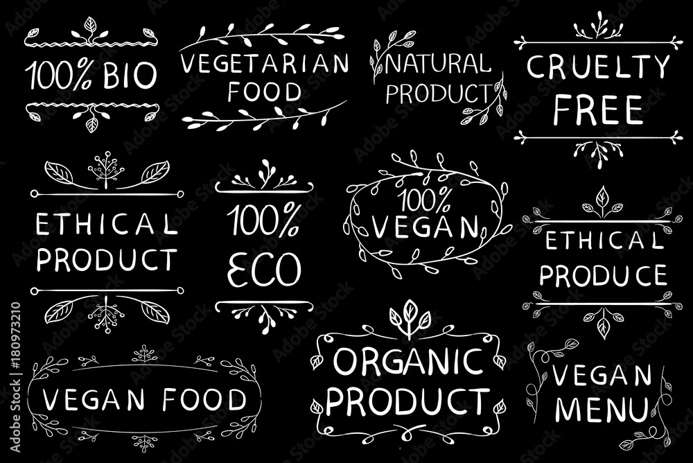 100 vegan ethical product cruetly free. Vintage hand drawn elements. White lines.