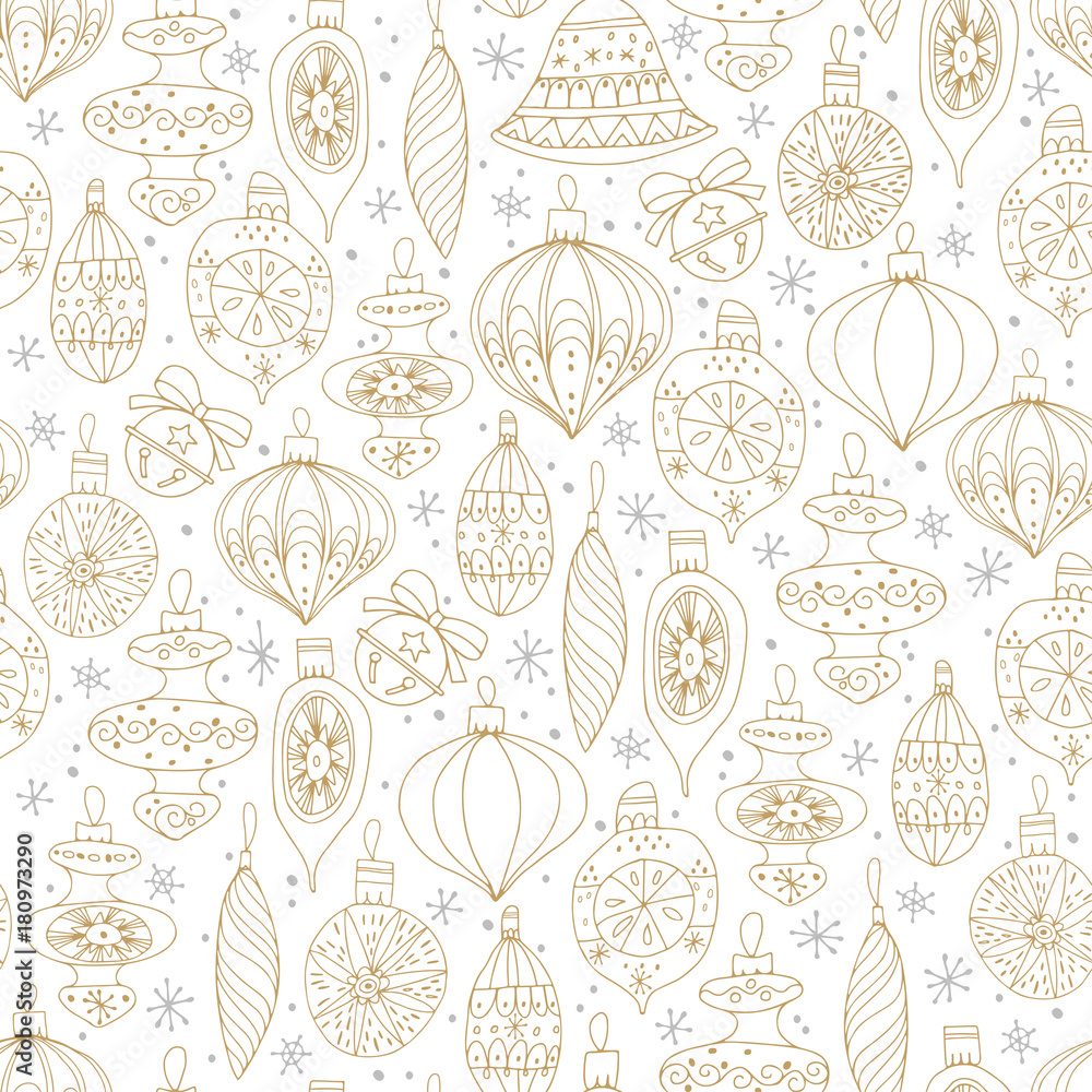 Christmas decorations. Seamless vector pattern with New Year toys on white background.