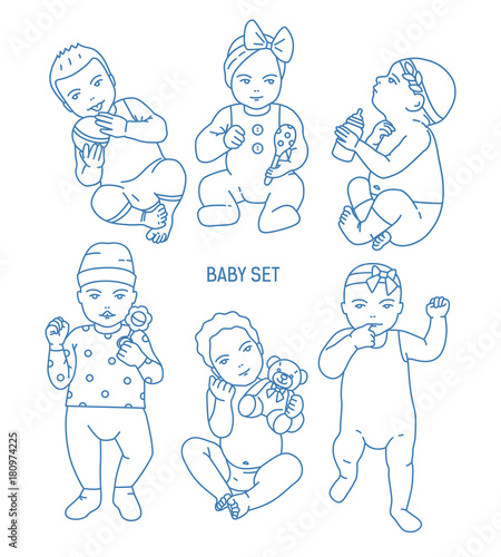 Collection of infant children or babies dressed in various clothes and holdin...