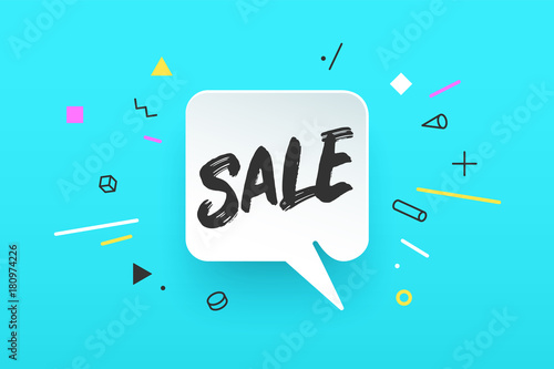 Banner Sale. Speech bubble, poster and sticker concept in memphis geometric style with text SALE Icon message for banner, poster, web. Text for Sale, Discount, business theme. Vector Illustration