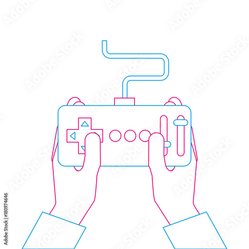 hands holding control remote advance for drones vector illustration