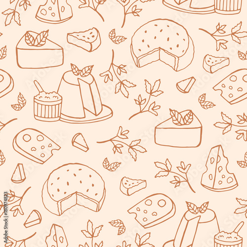 Monochrome seamless pattern with cheese of different kinds - ricotta, roquefo...