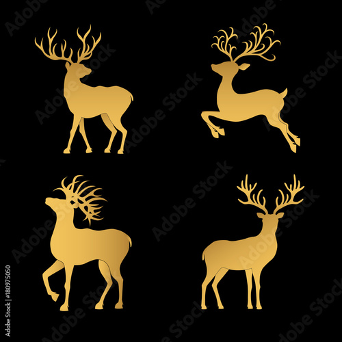 Gold  Christmas  deer silhouettes  isolated on the black  background.