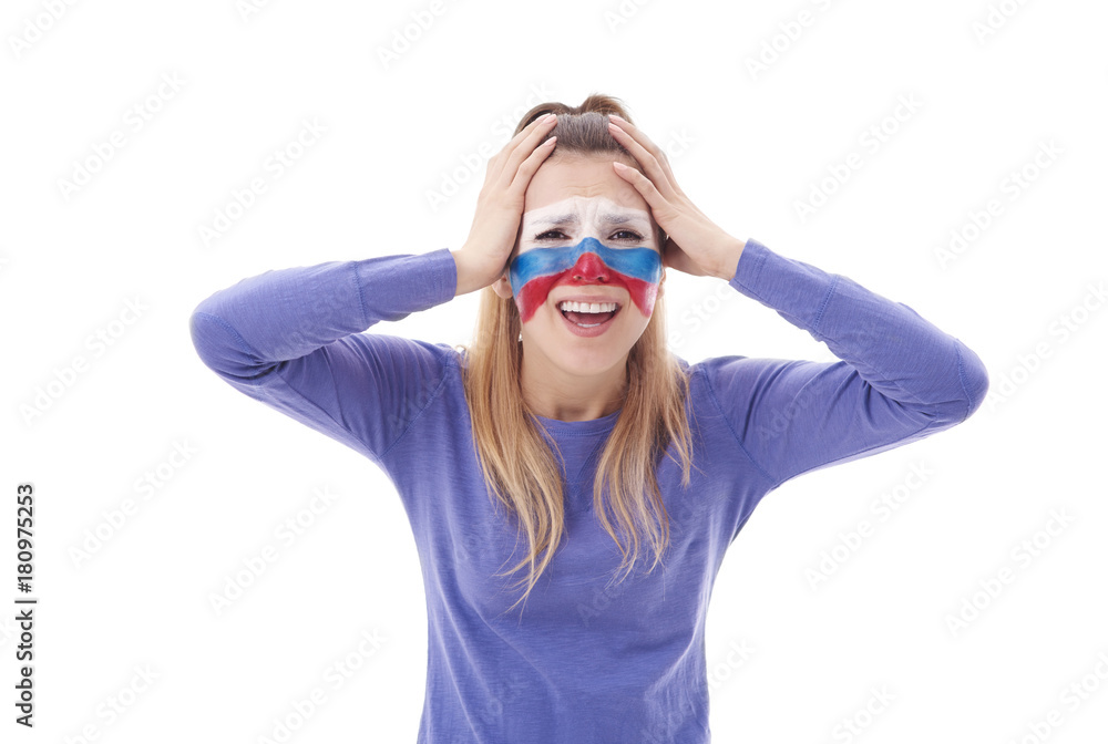 Portrait of distraught female soccer fan Portrait of distraught female soccer fan