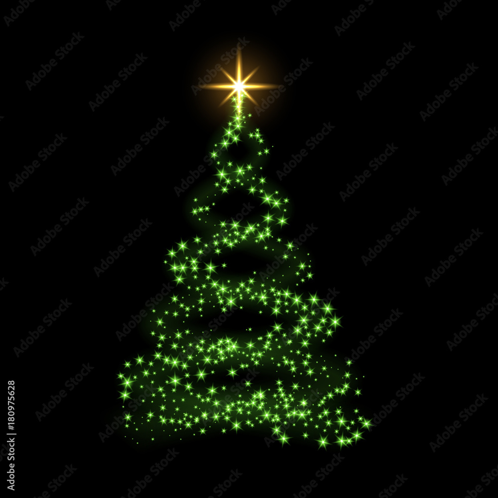Christmas tree card background. Green Christmas tree as symbol of Happy New Year, Merry Christmas holiday celebration. Sparkle light decoration. Bright gold star Vector illustration Christmas tree card background. Green Christmas tree as symbol of Happy New Year, Merry Christmas holiday celebration. Sparkle light decoration. Bright gold star Vector illustration