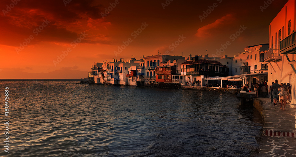 View of Little Venice at sunset on Mykonos Island, in Greece