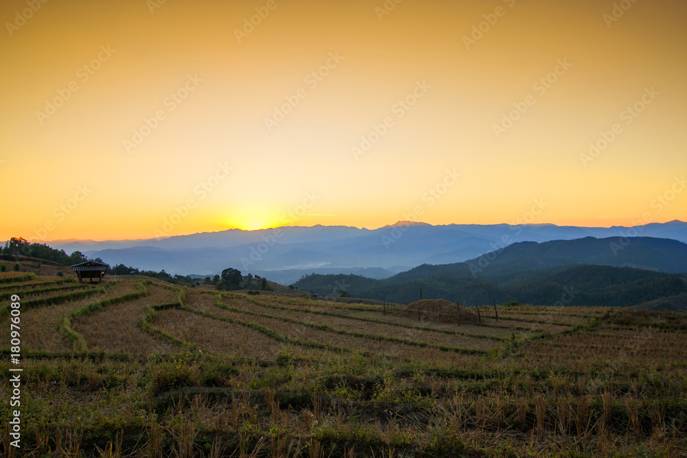  Thai village surrounded by forests and plowed fields at sunset. Agriculture in Thailand, arable land and pastures.