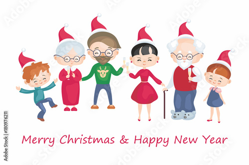 Greeting card with the image of the happy family celebrating Christmas. Vector illustration in cartoon style.