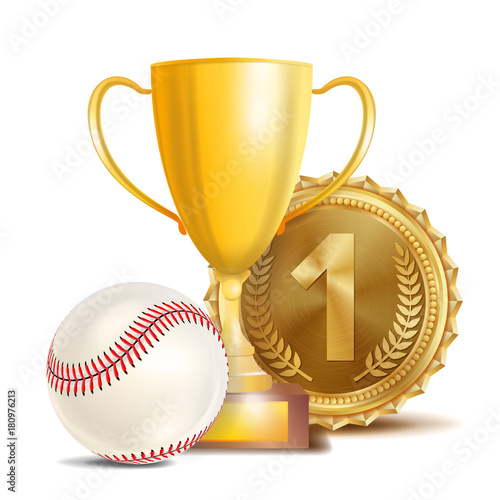 Baseball Award Vector. Sport Banner Background. White Ball With Red Stitches, Gold Winner Trophy Cup, Golden 1st Place Medal. 3D Realistic Isolated Illustration
