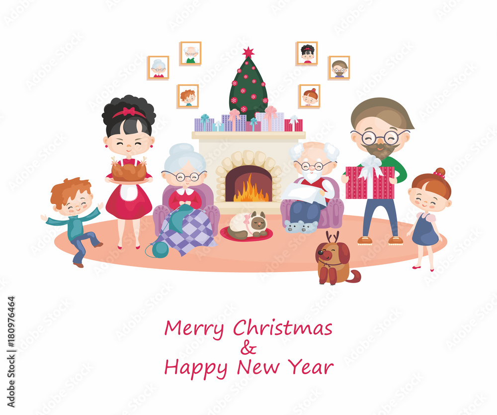 Greeting card with the image of the happy family celebrating Christmas. Vector illustration in cartoon style. Greeting card with the image of the happy family celebrating Christmas. Vector illustration in cartoon style.