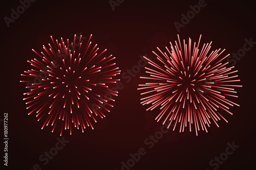 Beautiful red fireworks set. Bright fireworks isolated black background. Light red decoration fireworks for Christmas, New Year celebration, holiday festival, birthday card Vector illustration