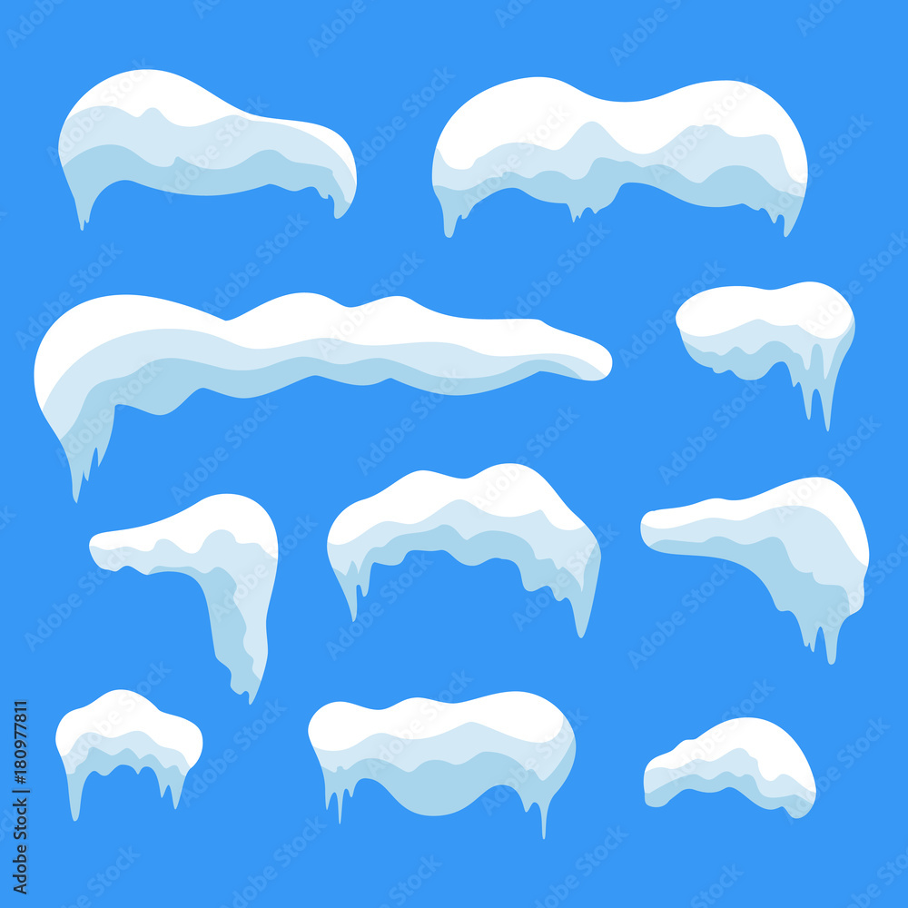 Snow ice icicle set Winter design. White blue snow template. Snowy frame decoration isolated on blue background. Cartoon style. Christmas, New Year frozen ice texture Vector illustration Snow ice icicle set Winter design. White blue snow template. Snowy frame decoration isolated on blue background. Cartoon style. Christmas, New Year frozen ice texture Vector illustration