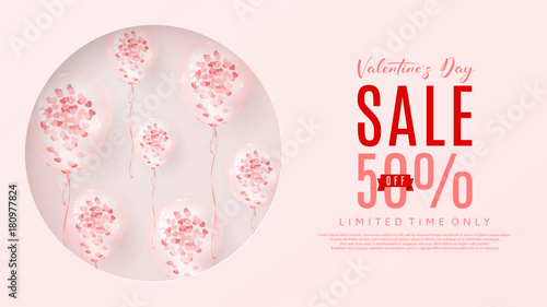 Web Banner for Valentine's Day Sale. Vector Illustration with Seasonal Offer. Beautiful Background with Realistic Transparent Pink Air Balloons with Confetti.
