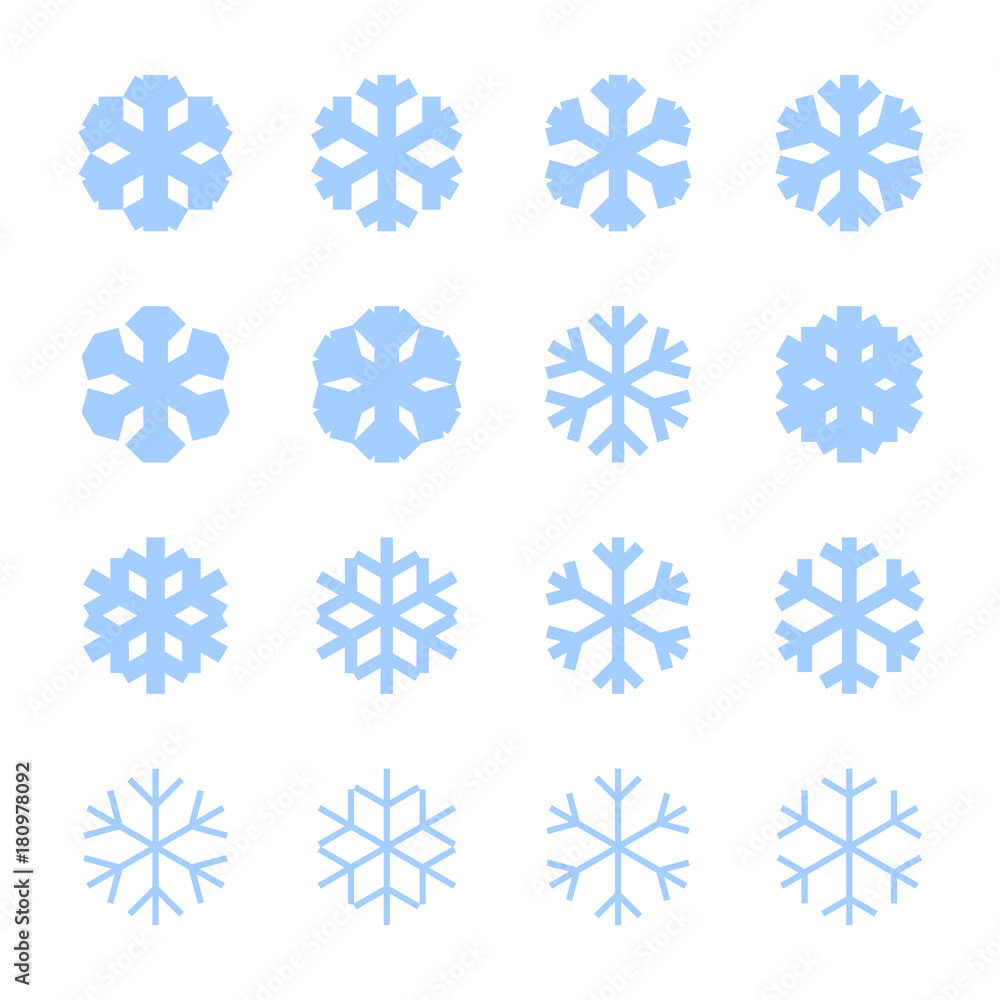 Snowflakes signs set. Blue Snowflake icons isolated on white background. Snow flake silhouettes. Symbol of snow, holiday, cold weather, frost. Winter design element Vector illustration Snowflakes signs set. Blue Snowflake icons isolated on white background. Snow flake silhouettes. Symbol of snow, holiday, cold weather, frost. Winter design element Vector illustration