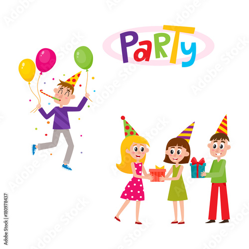 Wallpaper Mural vector flat birthday party scenes set. man in party hat whistling holding air balloons with confetti around, girl in dress and boy giving big present box to excited woman. Isolated illustration Torontodigital.ca