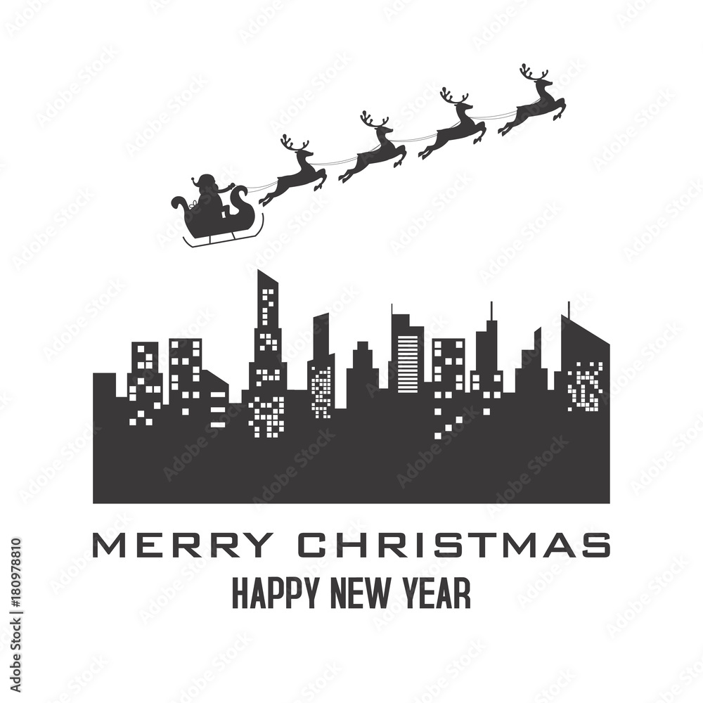 Obraz premium santa claus reindeer sleigh over city. christmas card