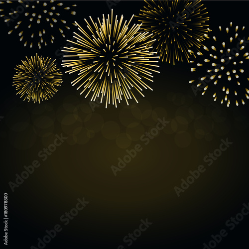Firework gold sparkle background card. Beautiful bright fireworks isolated on black background. Light golden decoration firework for Christmas card, New Year celebration Vector illustration