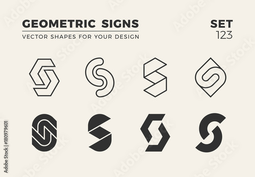 Set of eight minimalistic trendy shapes. Stylish vector logo emblems for Your design. Simple geometric signs collection.
