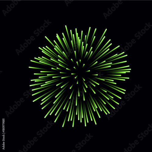 Beautiful green firework. Bright firework isolated on black background. Light green decoration firework for Christmas, New Year celebration, holiday, festival, birthday card Vector illustration