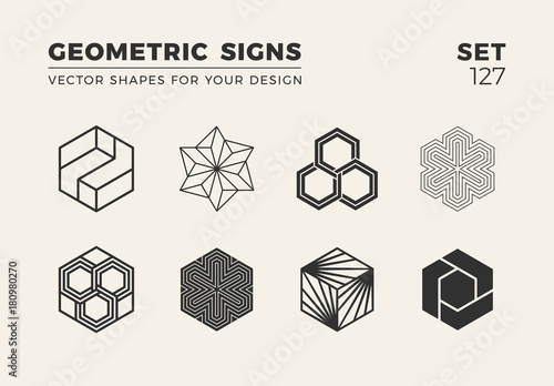 Set of eight minimalistic trendy shapes. Stylish vector logo emblems for Your design. Simple geometric signs collection.
